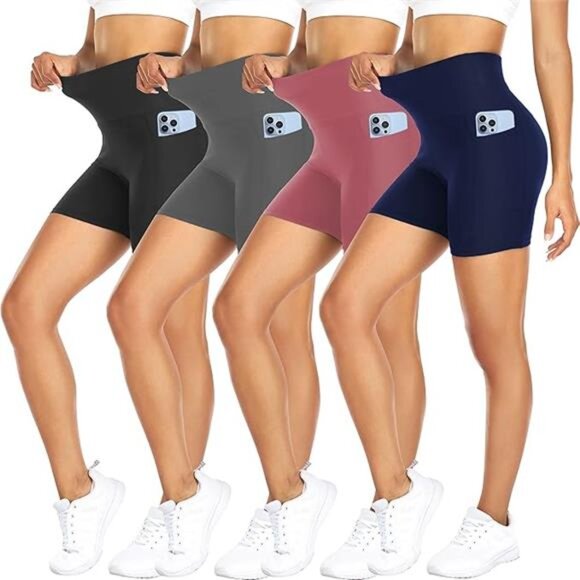 4 Pack  High Waisted Tummy Control Biker Shorts for Women with Pockets‎ - Picture 7 of 7